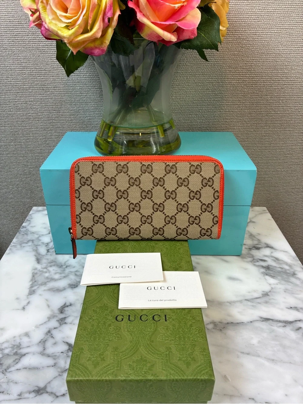 Gucci GG Beige Canvas & Orange Leather Zip-Around Wallet - NWOT Brand New w/ box - Picture 2 of 13
